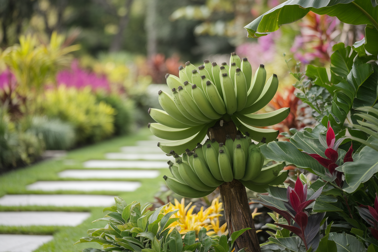 bananier-feuillage-tropical-fleurs-chemin-pierres