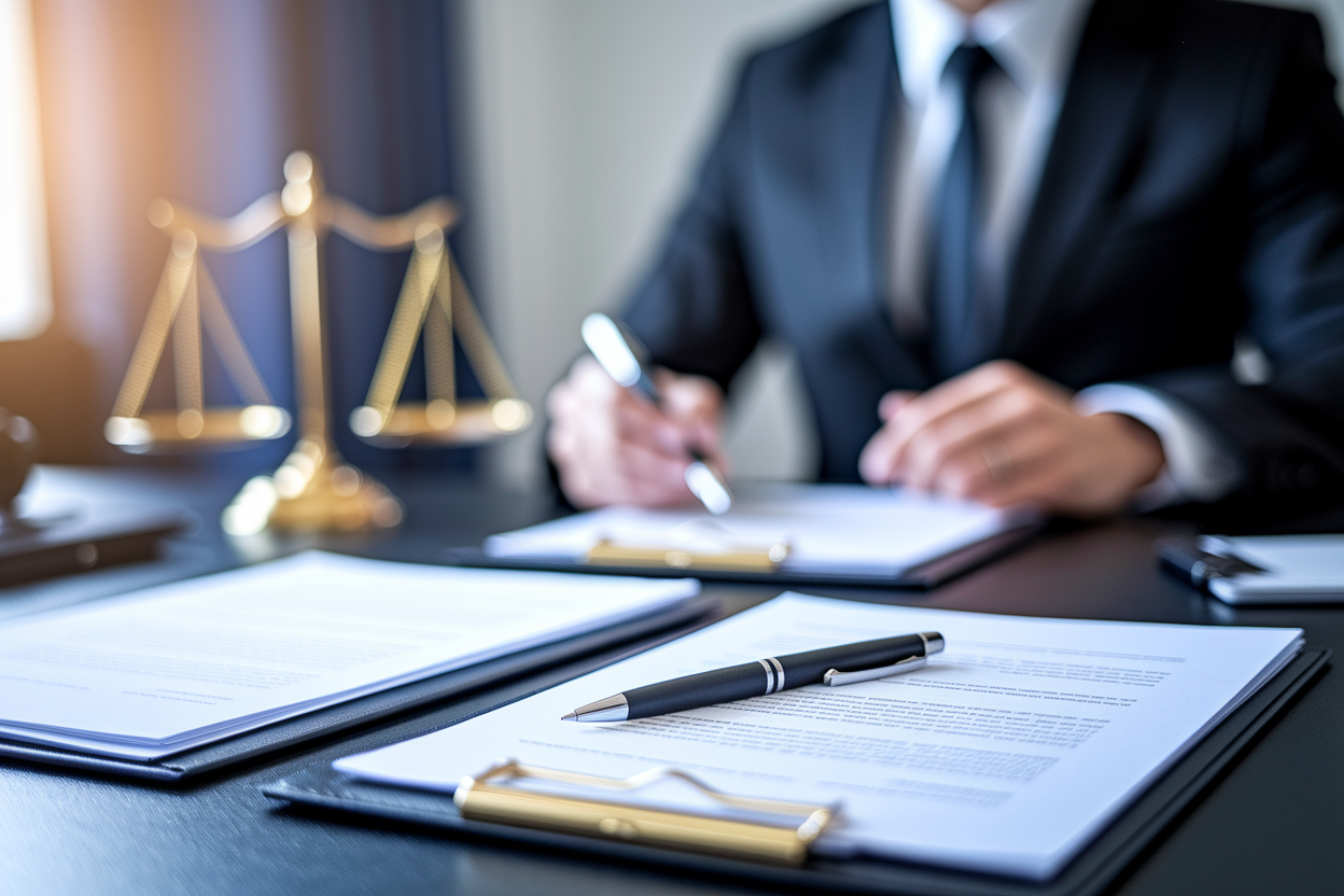 bureau-notaire-documents-stylo-figure-floue