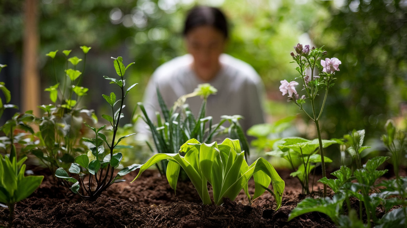 jardin-plantes-fleuries-silhouette-personne