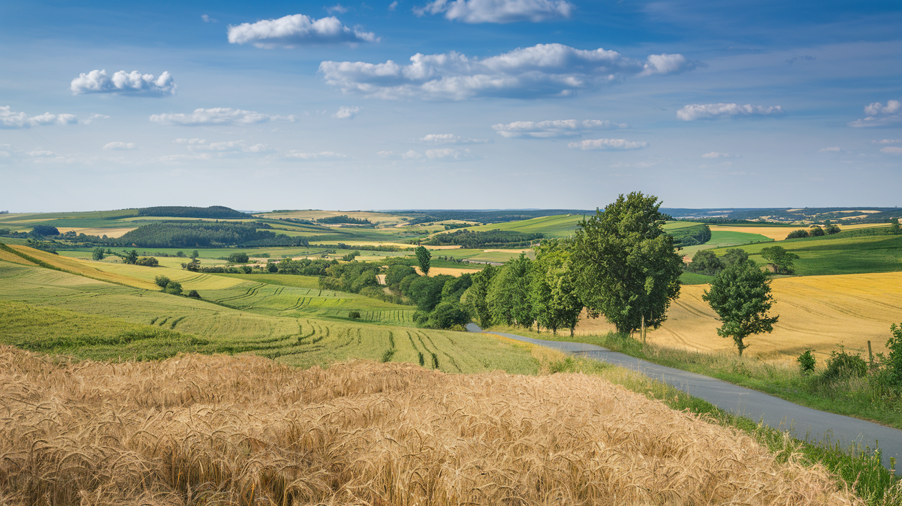 collines-verdoyantes-champs-ble-route-arbres