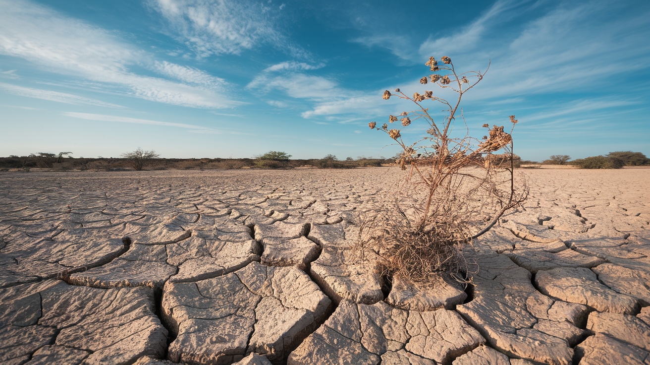 paysage-aride-fissures-ciel-bleu-plante-dessechee