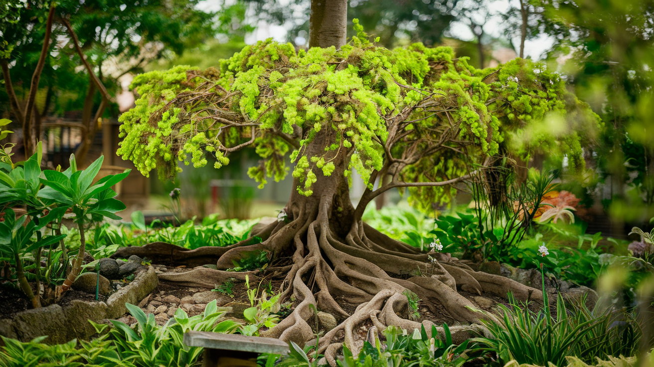 jardin-luxuriant-arbre-mimosa-racines