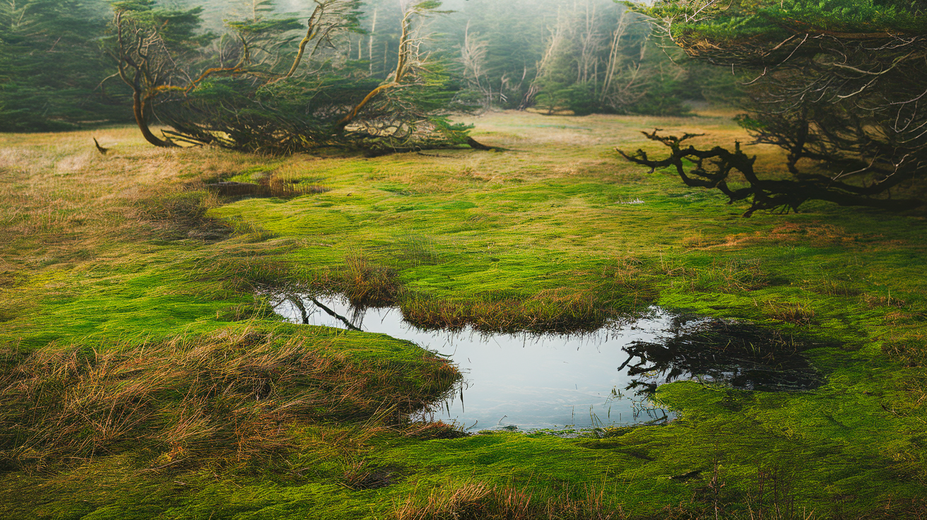 tourbiere-mousses-vertes-arbres-brume