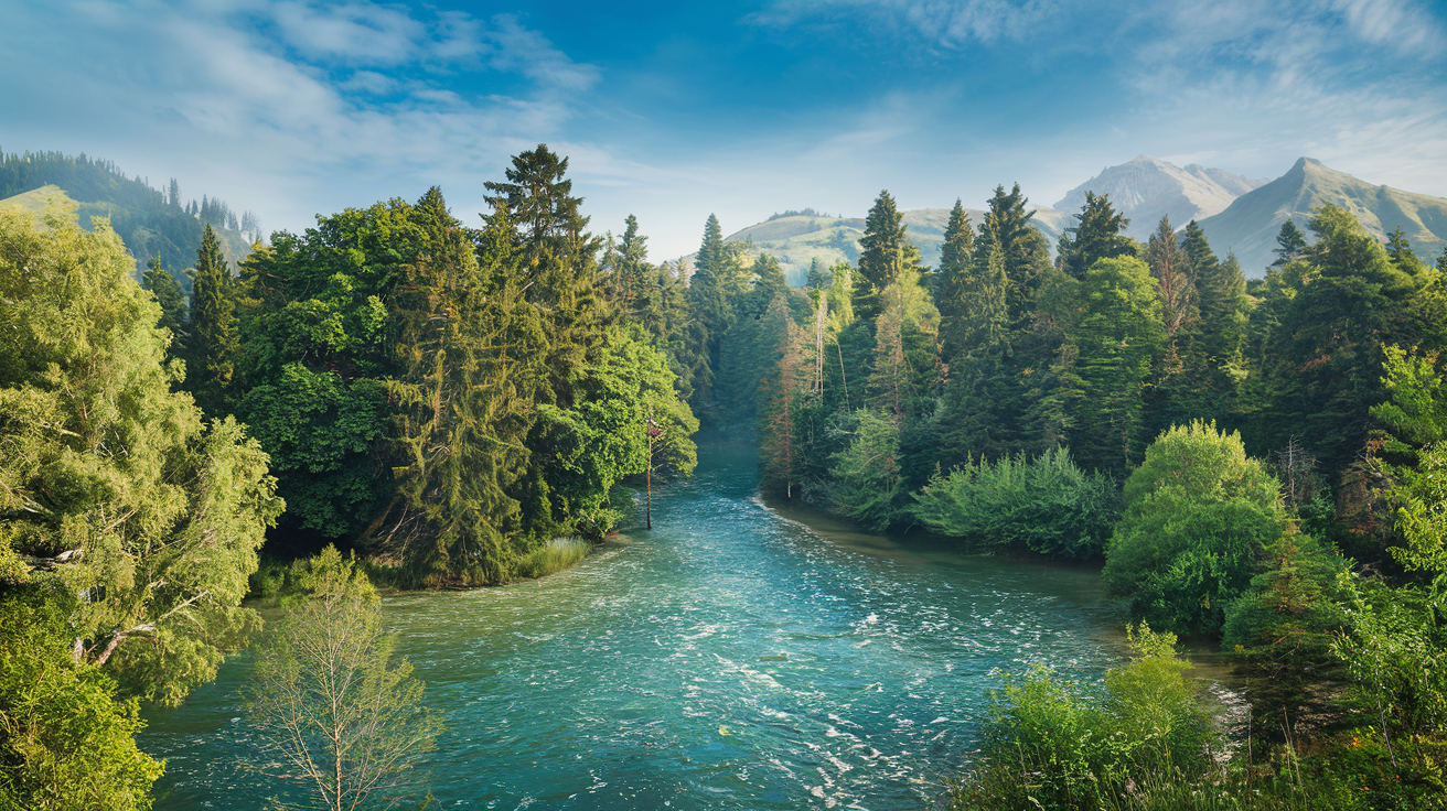 foret-riviere-montagnes-ciel-bleu