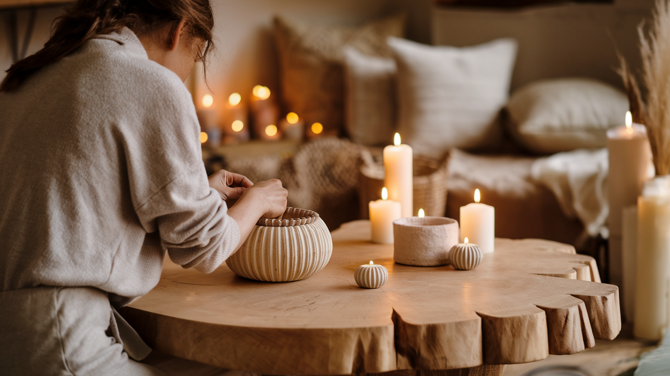 personne-table-bois-bougies-cosy