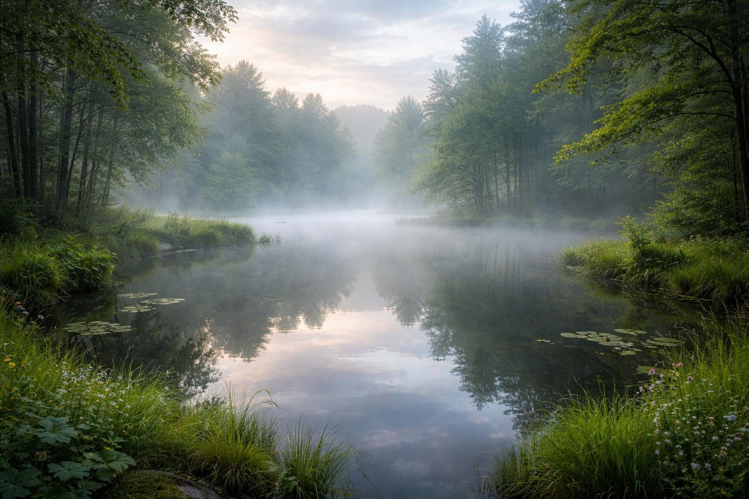 etang-verdure-brouillard-matinal-arbres