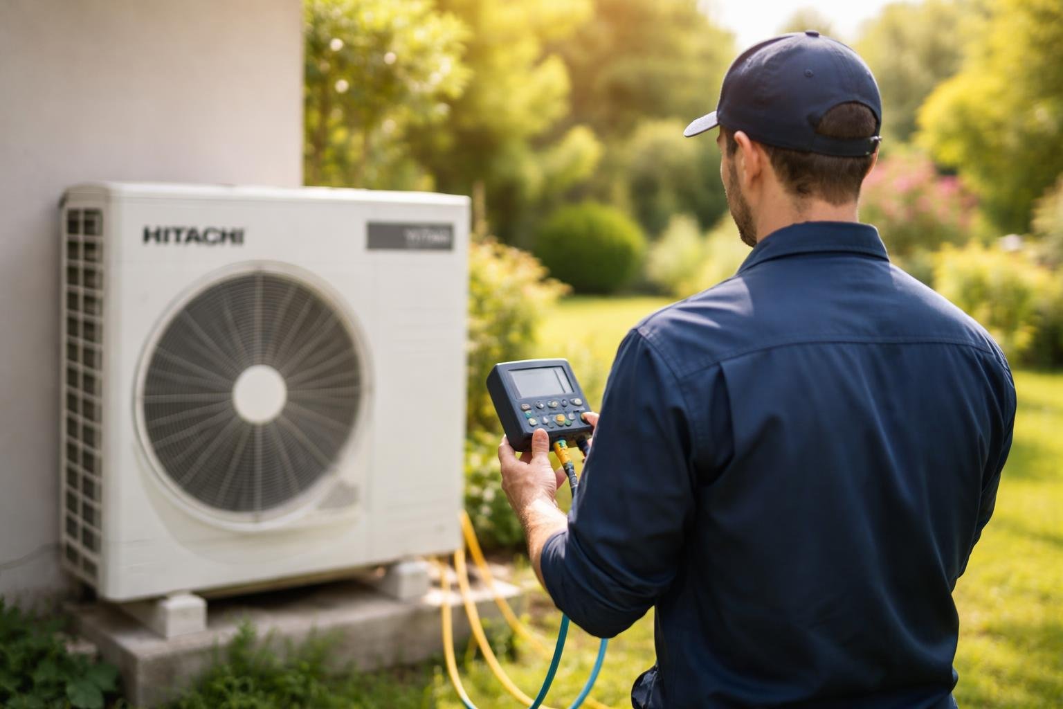 technicien-examine-climatisation-jardin-ensoleille