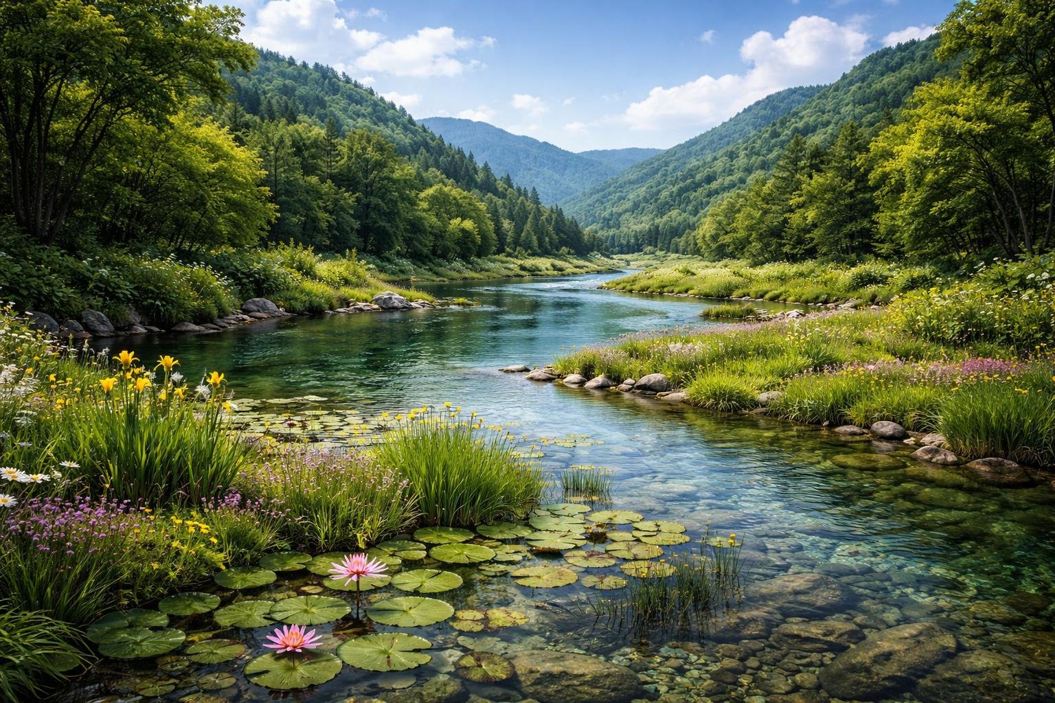 riviere-sinueuse-collines-vegetation-ciel-bleu