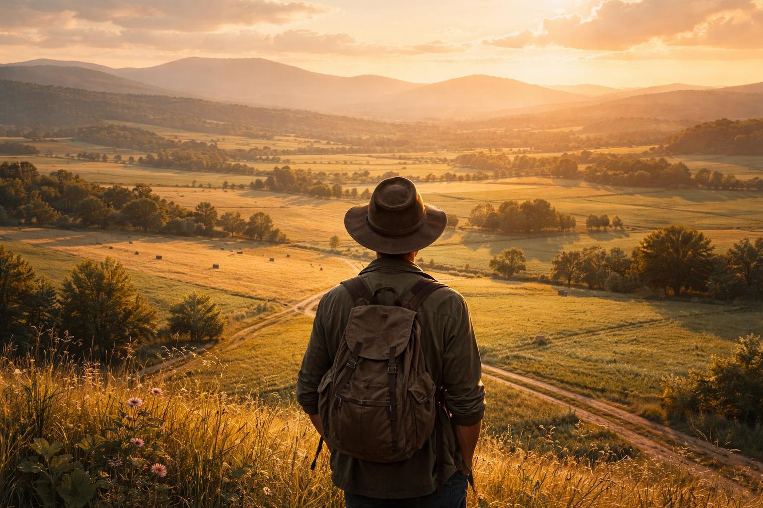 personne-chapeau-champs-collines-horizon