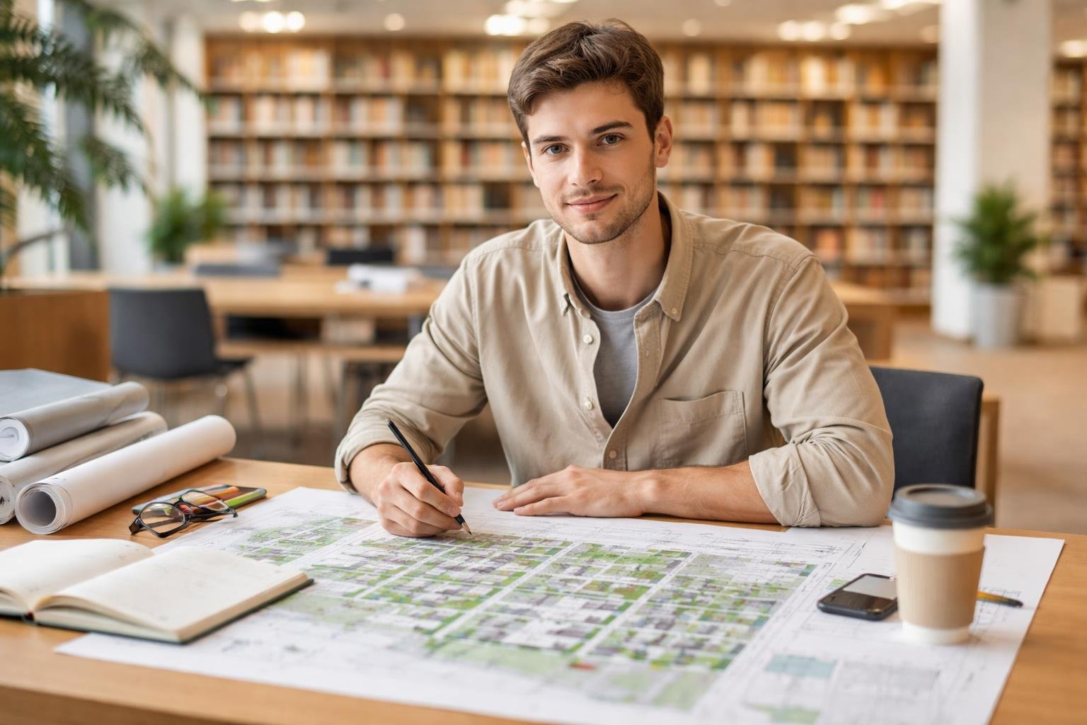 etudiant-table-plans-urbanisme-bibliotheque