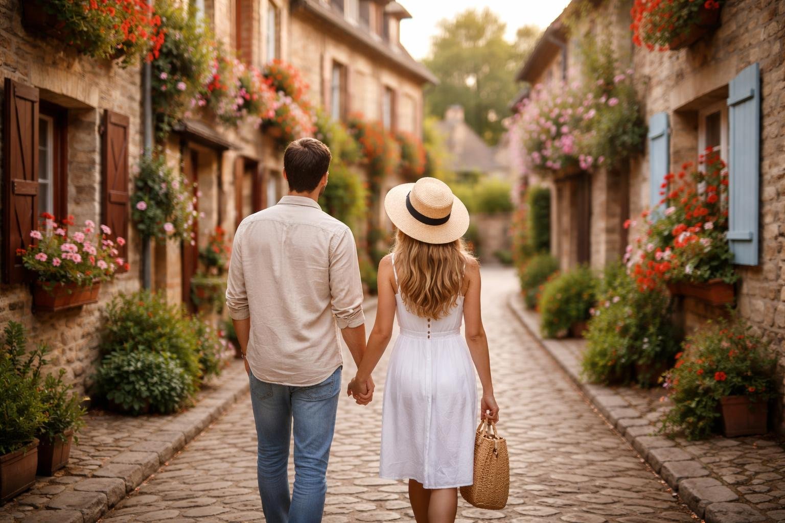 couple-village-francais-rues-pavees-fleurs