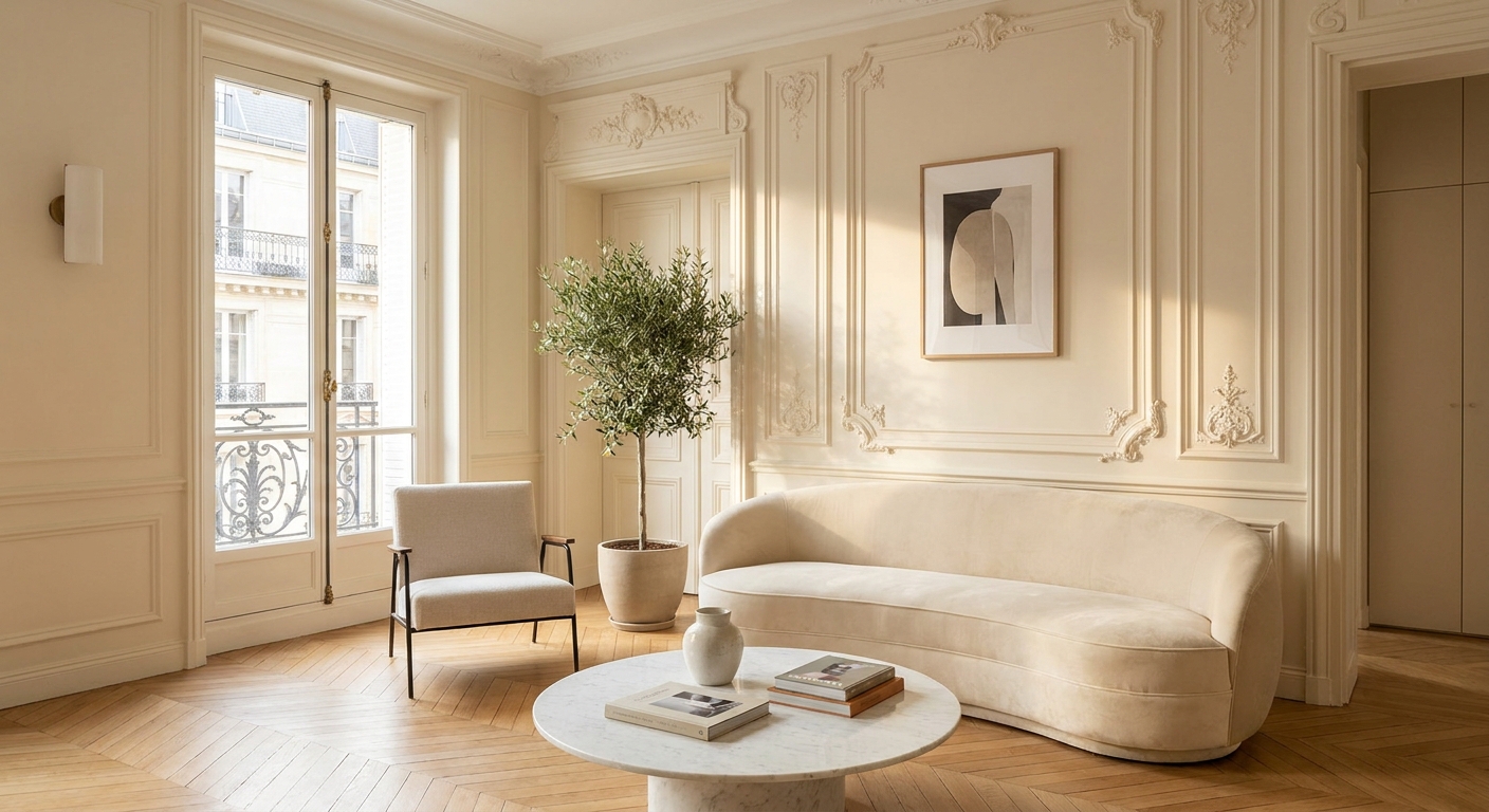 salon d'un appartement parisien rénové avec parquet, grande fenêtre et moulures haussmanniennes