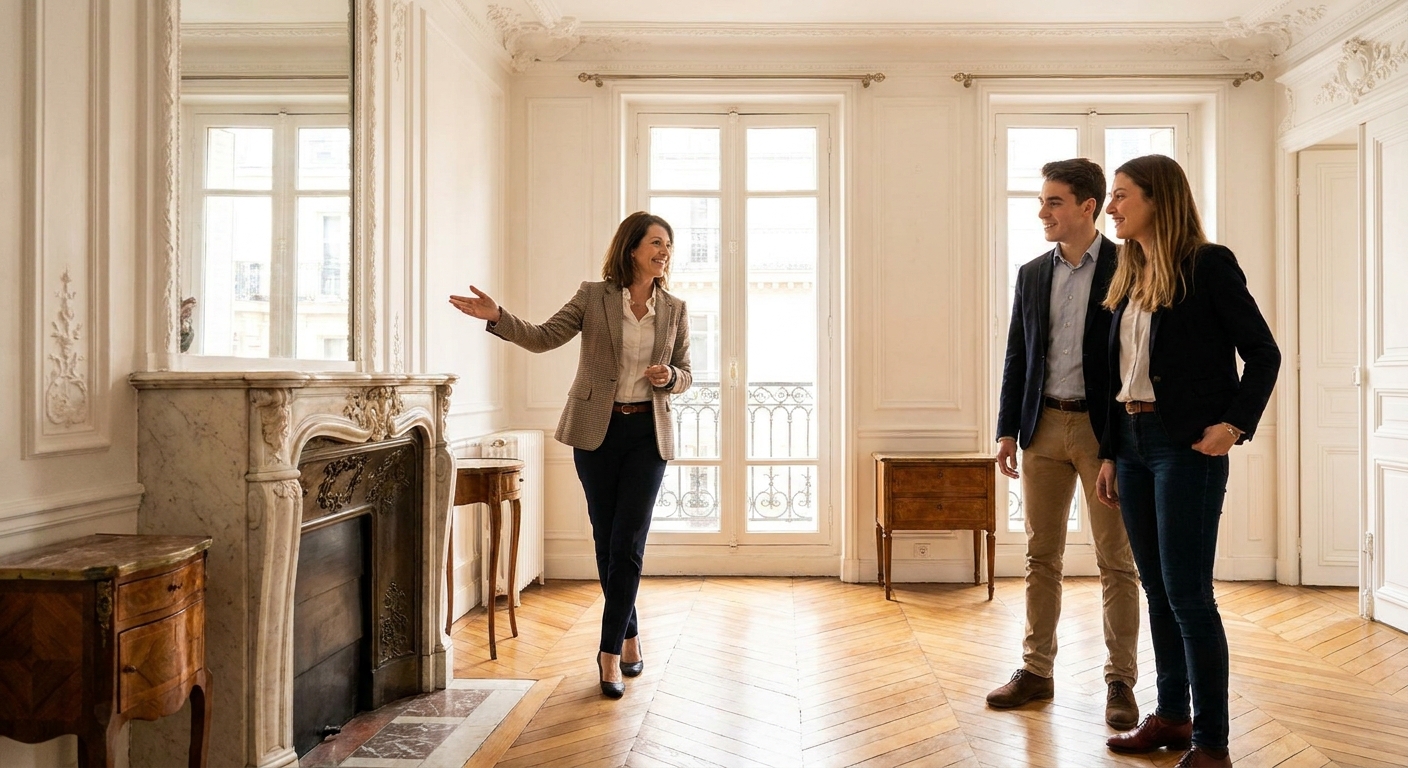 chasseur immobilier en visite d'appartement rénové à Paris avec un couple d'acheteurs